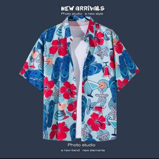 アロハシャツ 花 貝 水色 総柄 2XL カジュアル デザイン 男女兼用 夏服(シャツ)