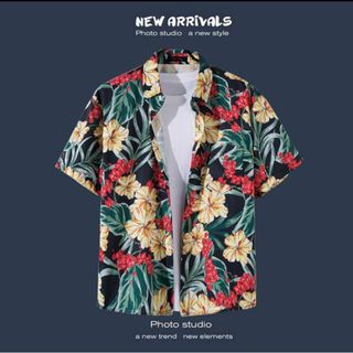 アロハシャツ 花 ブラック 総柄 2XL カジュアル デザイン 男女兼用 夏服(シャツ)