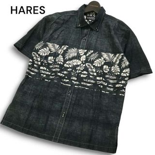 HARES ハレス  春夏 ハイビスカス★ ボーダー 半袖 ボタンダウン かりゆしウェア アロハ シャツ Sz.L メンズ グレー 沖縄製(シャツ)