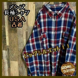 メンズ チェック ボタンダウン 長袖 シャツ レッド ネイビー USA古着 赤(シャツ)