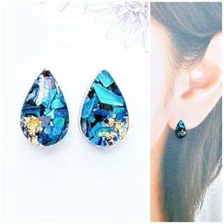 マーブルブルー10mm雫ピアス/イヤリング(ピアス)