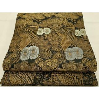 平和屋着物◎アンティーク　大正ロマン　丸帯　孔雀花文　黒地　金銀糸　正絹　逸品　DAAS8346qp(帯)