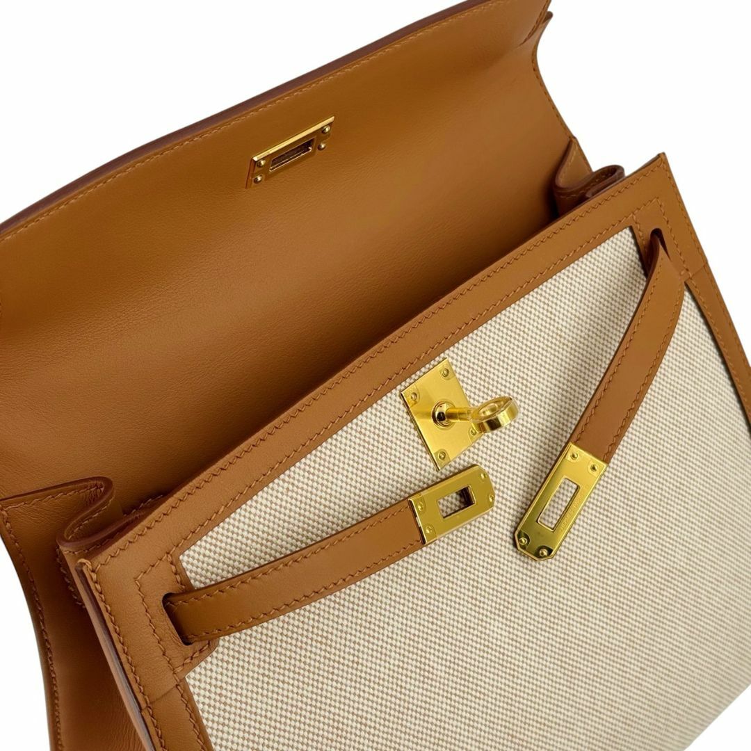 HERMES(エルメス)のHERMES エルメス ケリー25外縫い ヴォースイフト キャンバス トワルアッシュ ベージュ系 ブラウン系 W刻印 ゴールド金具 2WAY ハンドバッグ ショルダーバッグ レディース Ginza Class Luxury Shop レディースのバッグ(ショルダーバッグ)の商品写真