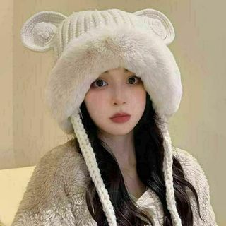 ニット帽　くま耳　白　ニットキャップ　裏起毛　暖かボア付き　顎紐付き　新品(ニット帽/ビーニー)