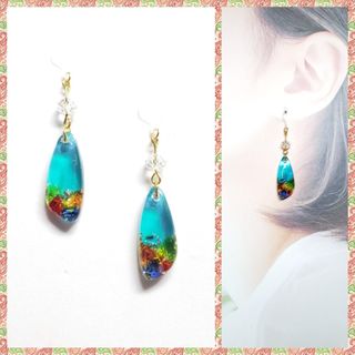 No.1580-B 再販 琉球ガラス☆鉱石型☆レジンピアス・イヤリング(Tブルー(ピアス)