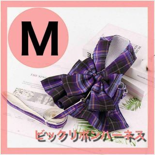 Mサイズ パープル 紫 チェック ビッグリボン リード ハーネス セット 犬(犬)