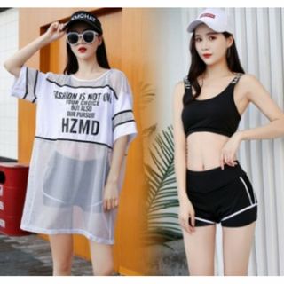 白 M【新品】水着 ラッシュガード ３点セット ガール セパレート(水着)