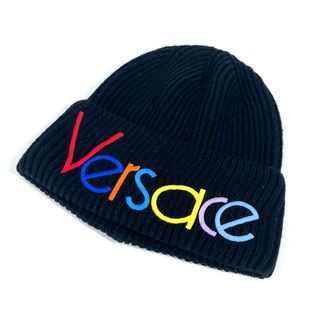 ヴェルサーチ(VERSACE)のヴェルサーチ VERSACE ロゴ レインボー ビーニー 帽子 ニット帽 ニットキャップ ニット帽 ウール ブラック 美品(ニット帽/ビーニー)