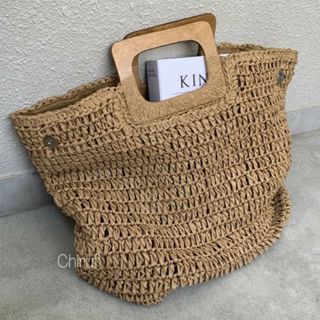 数量限定入荷‼️ウッドハンドルストローバッグ メッシュ ブラウン 人気 海外(かごバッグ/ストローバッグ)