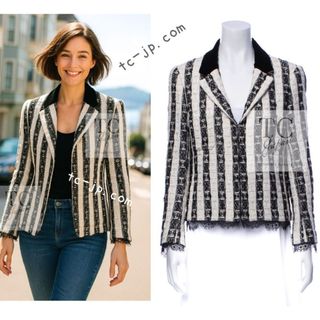 シャネル(CHANEL)のシャネル ジャケット CHANEL ブラックストライプ コットン ツイード レース カールラガーフェルド貴重 年中着れるツイード 超美品 38(テーラードジャケット)