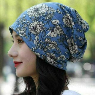 バンダナ帽 ケア帽子 ターバン ヘアバンダナ キャップ 青 模様10花模様(ニット帽/ビーニー)