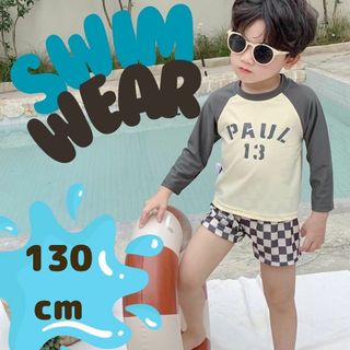 130cmグレーチェック水着キッズ3点おしゃれな帽子付きキッズ水着3点セット(水着)
