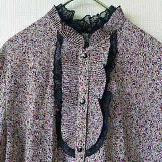 昭和レトロ シフォン　ブラウス　花柄　レース　フリル　ビンテージ(シャツ/ブラウス(長袖/七分))
