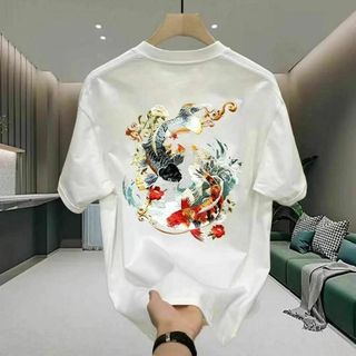 2XL 丸首 Tシャツ 夏 半袖 油絵 金魚 メンズ 肌着 無地 生地柔らか 白(Tシャツ/カットソー(半袖/袖なし))