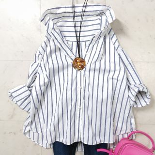 ノーリーズ(NOLLEY'S)の美品♪ノーリーズ ブルーストライプ パールボタン カシュクール 2wayブラウス(シャツ/ブラウス(長袖/七分))