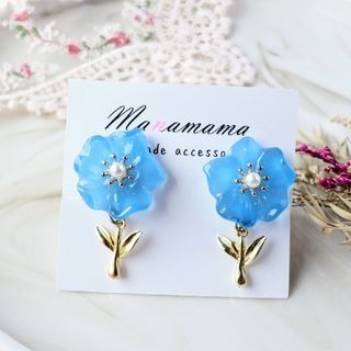 【送料込み】 2way ゆらゆら お花イヤリング スタッド ブルー(イヤリング)