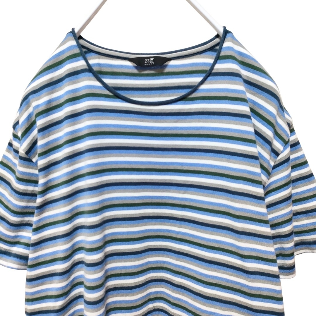 23区(ニジュウサンク)の【美品】23区 HOMME ストライプ  Tシャツ Mサイズ ブルー 半袖 メンズのトップス(Tシャツ/カットソー(半袖/袖なし))の商品写真