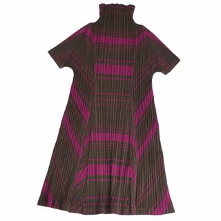 プリーツプリーズイッセイミヤケ(PLEATS PLEASE ISSEY MIYAKE)の美品 プリーツプリーズ イッセイミヤケ PLEATS PLEASE ワンピース ハイネック 半袖 総柄 プリーツ 3 ブラウン/パープル(ひざ丈ワンピース)