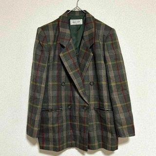 ファーストレディ テーラードジャケット 肩パッド チェック柄 おしゃれ 緑(テーラードジャケット)