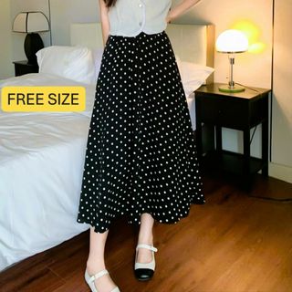 n72【新品未使用】ドット柄 ロングスカート ブラック 春夏服 レディース F(ロングスカート)