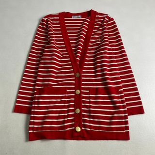 イヴサンローラン(Yves Saint Laurent)のイヴサンローラン　カーディガン　金ロゴボタン　ボーダー　刺しゅう　M　レッド(カーディガン)