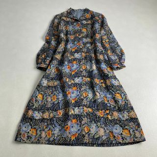 ヴィンテージ(VINTAGE)のヴィンテージ　ワンピース　花柄　ロング丈　ブラック　オレンジ　パープル(ロングワンピース/マキシワンピース)