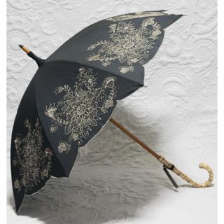 新品【晴雨兼用 長傘】 綿麻生地 高級感 豪華刺繍 竹手木製 黒 日傘 日本製(傘)