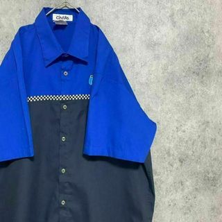 90S CINTAS ワークシャツ　青　メンズ　L プリント　半袖　古着　A1