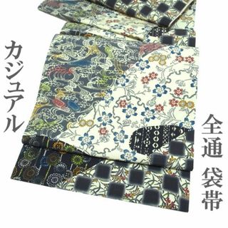 袋帯 染め帯 全通 草花 桜 撫子 菊 流水 波 切りばめ風 中古 kp1638(帯)
