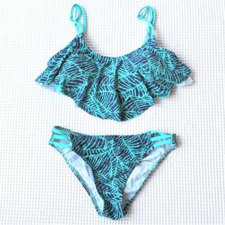 新品★フリル ビキニ リーフ柄（ターコイズ×ネイビー）(水着)
