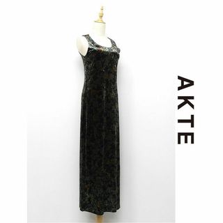 アクテ(AKTE)のF457/AKTE ロングワンピース ノースリーブ ベロア 花柄 ストレッチ 緑(ロングワンピース/マキシワンピース)