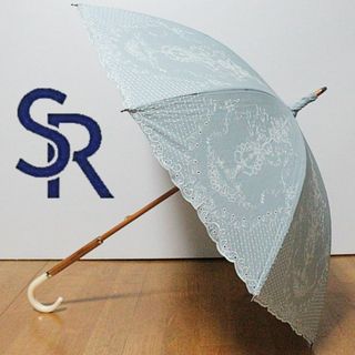 新品 豪華美麗刺しゅう ウッドハンドル 耐風 麻混 晴雨兼用 高級日傘 青系(傘)