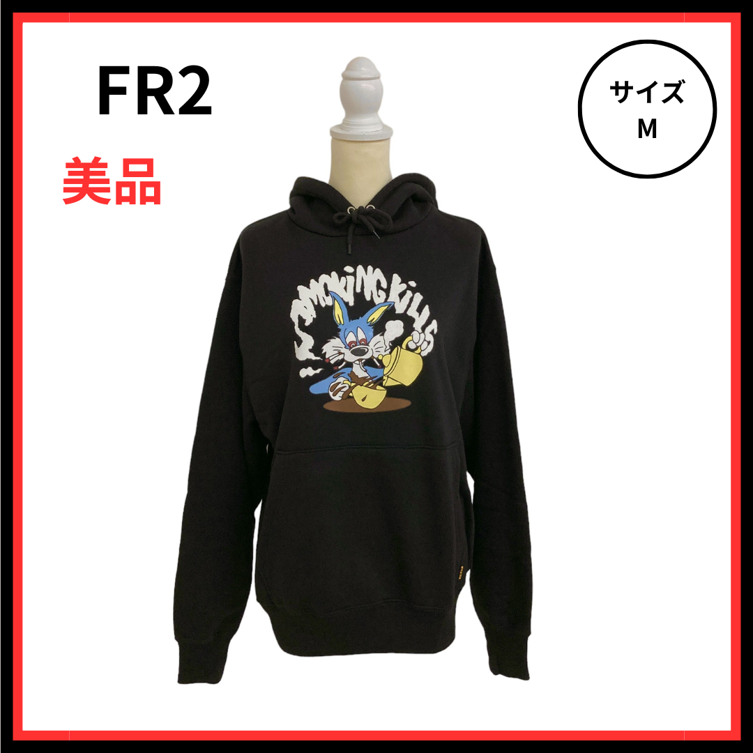 FR2 パーカー 長袖 キャラプリント マフポケット ユニセックス ブラック FR2 パーカー 長袖 キャラプリント マフポケット ユニセックス