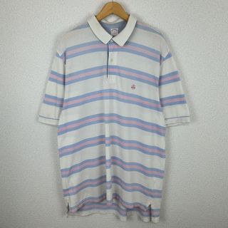 Brooks Brothers 346 ブルックスブラザーズ ポロシャツ ボーダー 総柄 刺繍ロゴ ホワイト XLサイズ メンズ 古着 アメカジ シティーボーイ(ポロシャツ)