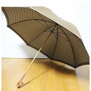 新品 シルク製 大判サイズ 収納袋付 裏地ボーダー 耐風 高級紳士用長傘 カーキ(傘)