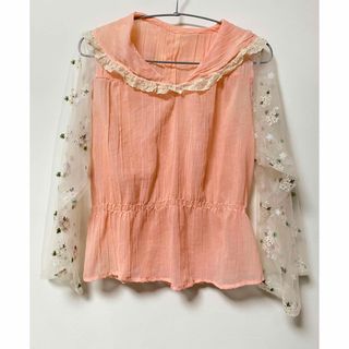ロキエ(Lochie)の【送料無料❗️】レアデザイン vintage ブラウス チュール袖 ピンク 刺繍(シャツ/ブラウス(長袖/七分))