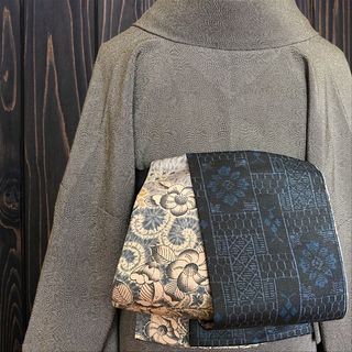 *着物反物*　結城紬藍色と辻ヶ花　大人の兵児帯　半幅帯　長尺475　ハンドメイド(帯)