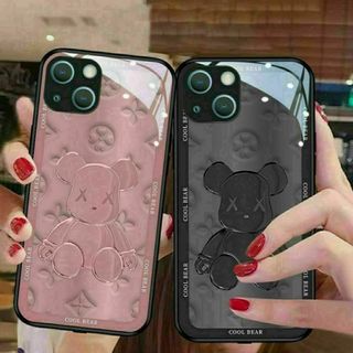iPhone　 ケース　強化ガラス　可愛い　オシャレクマ　ピンク　黒グレー(iPhoneケース)