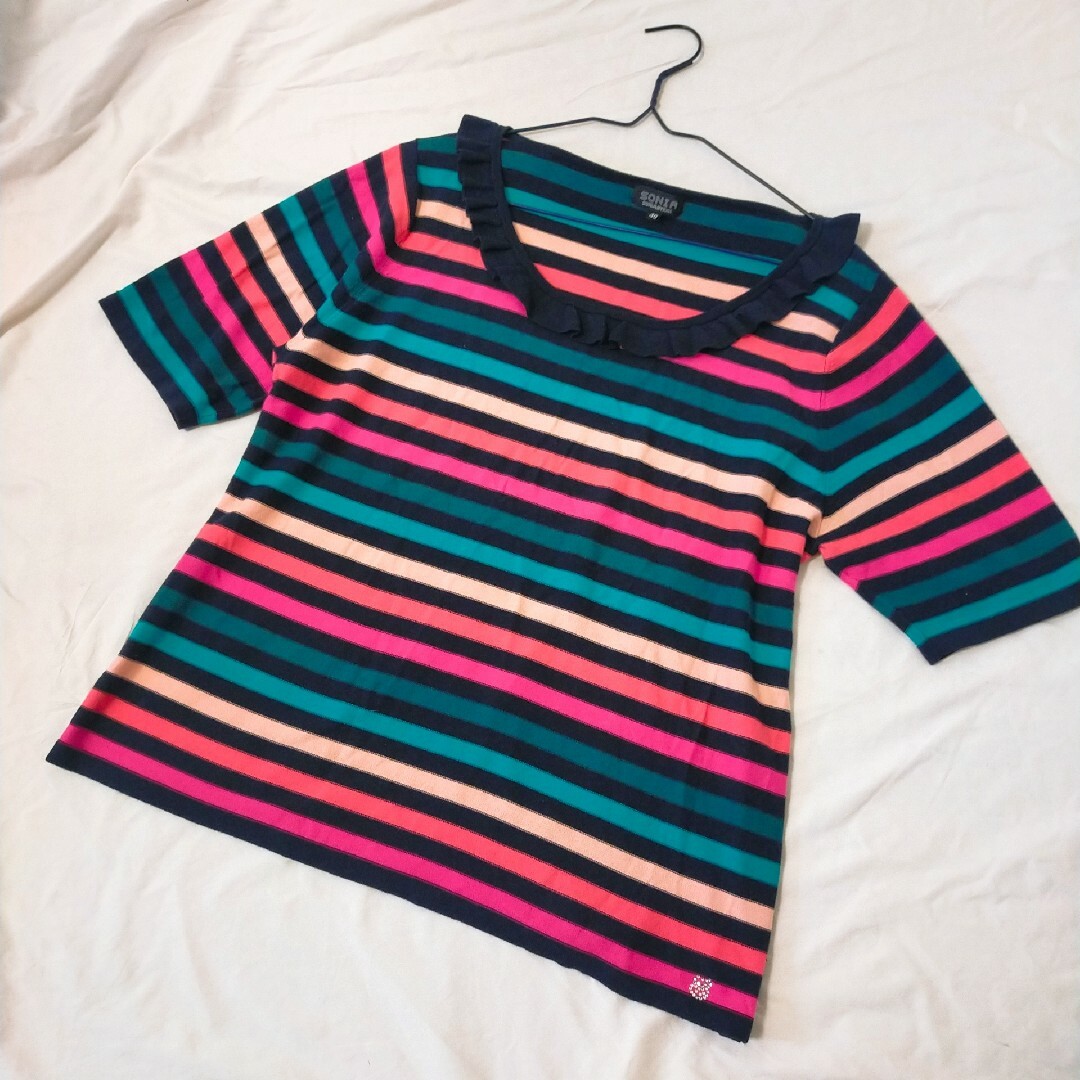 SONIA RYKIEL(ソニアリキエル)のSONIARYKEL 夏用ニット 大きいサイズ ストライプ フリル レディースのトップス(ニット/セーター)の商品写真