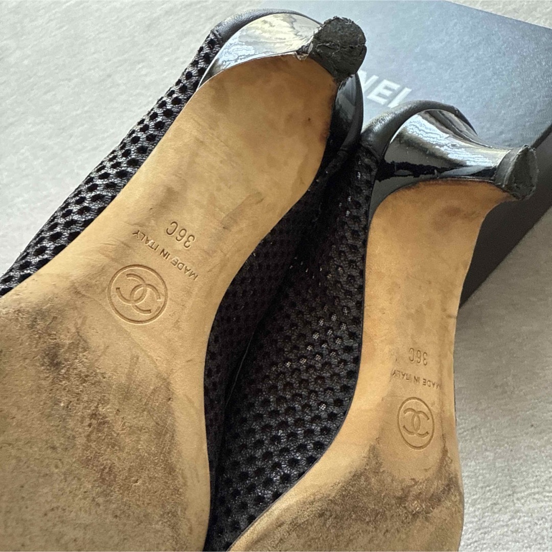 最新のデザイン CHANEL 36の オープントゥパンプス メッシュ ブラック CHANEL - 靴