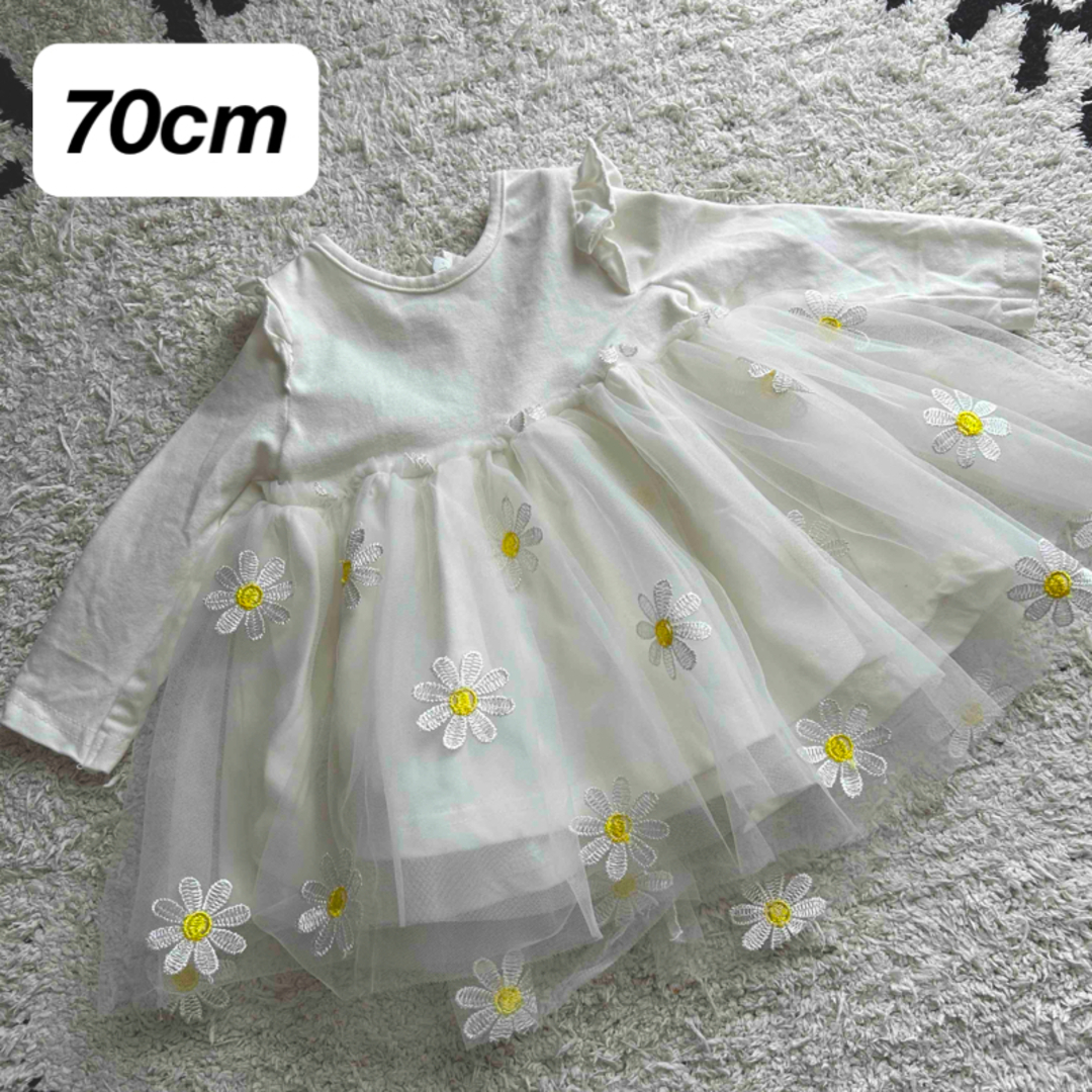 【極美品】ホワイト花柄刺繍チュールワンピース　70cm 長袖　ベビー　フォーマル キッズ/ベビー/マタニティのベビー服(~85cm)(セレモニードレス/スーツ)の商品写真