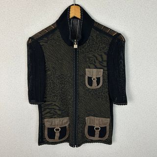 伊太利屋 イタリヤ アニマル柄 ニット切替 ジップジャケット ブラック 7サイズ レディース 古着 モード(カーディガン)