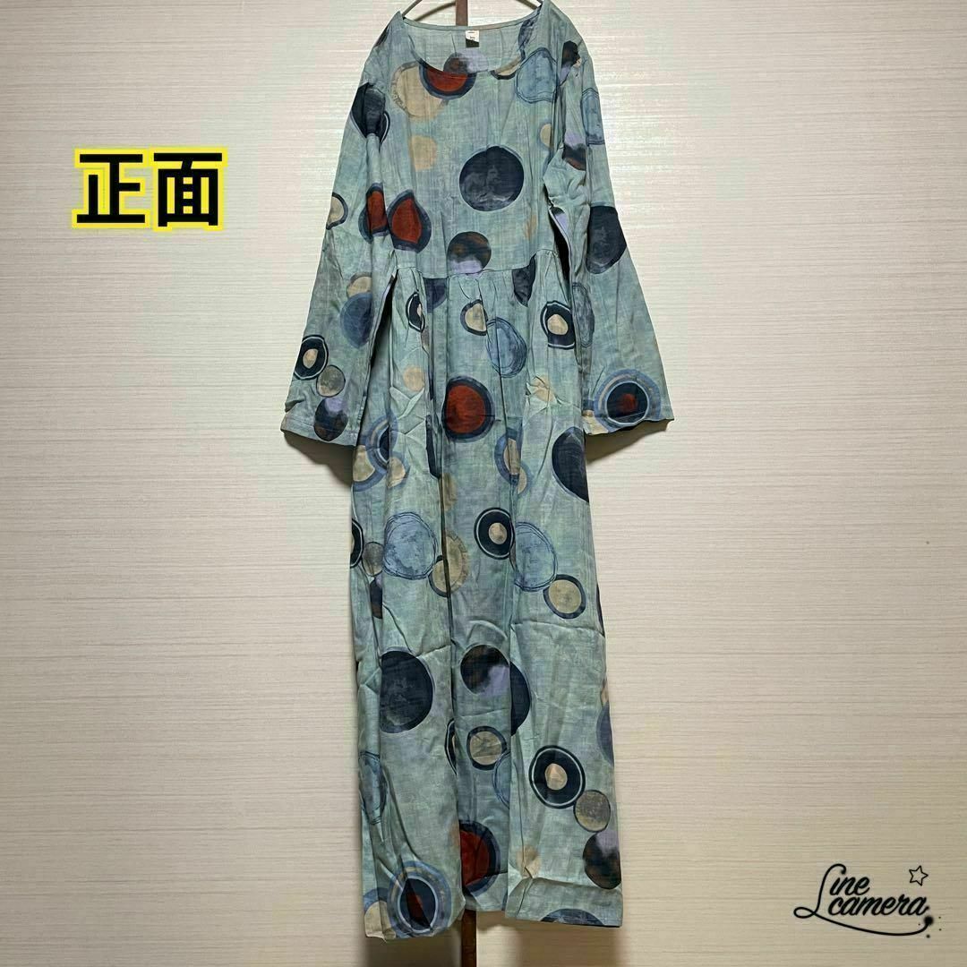XL【新品】春夏　薄手　丸襟　長袖　マキシ丈　ゆったり　水玉　和柄 レディースのワンピース(ロングワンピース/マキシワンピース)の商品写真