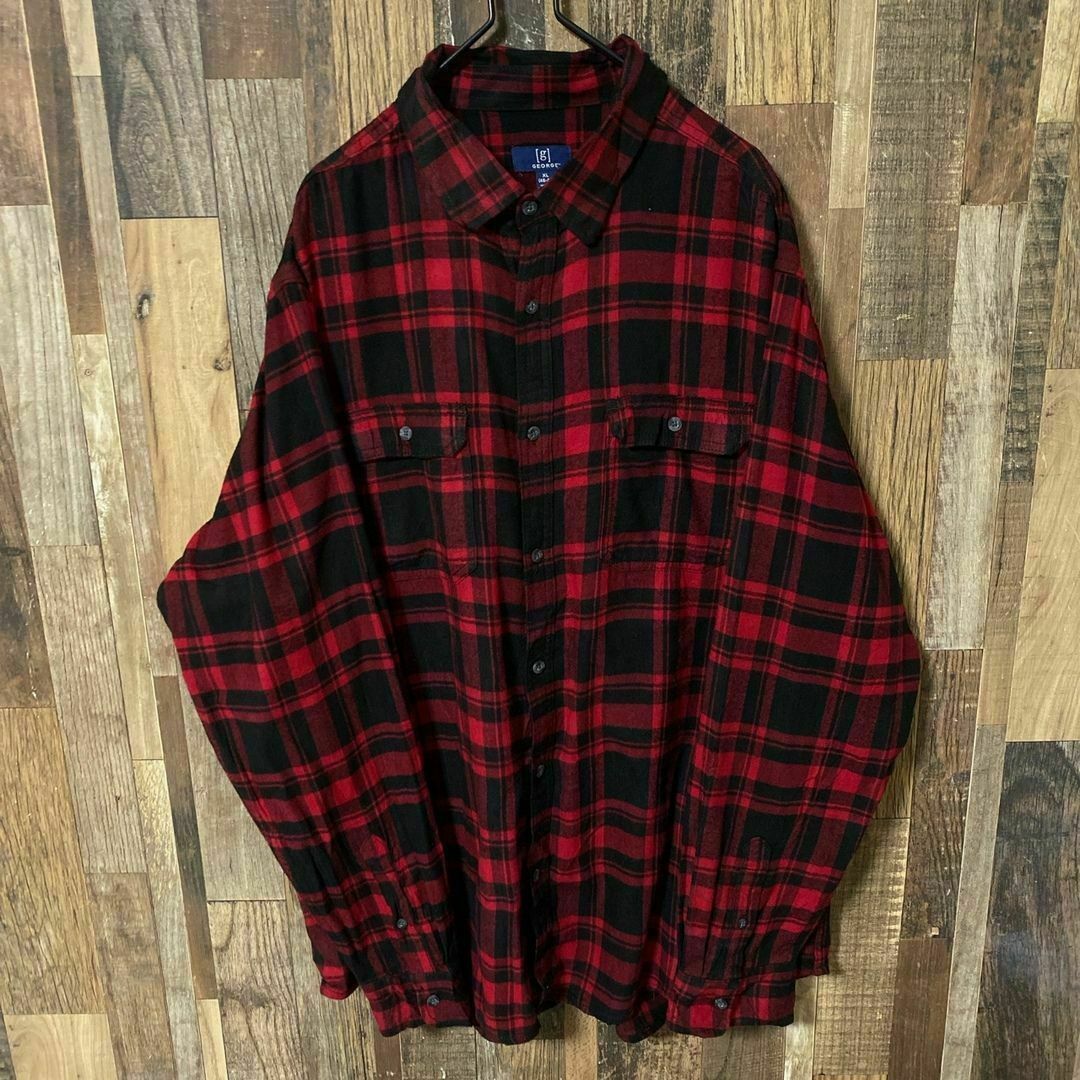 XL メンズ マドラスチェック レッド 古着 ボタンダウンシャツ 長袖 シャツ メンズのトップス(シャツ)の商品写真