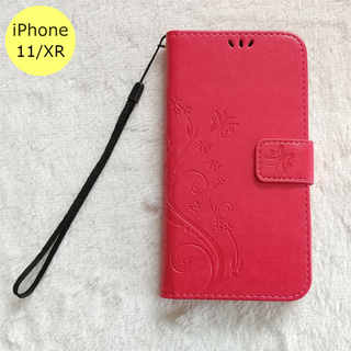 蝶 手帳型 iPhone11/XR iPhoneケース ローズレッド(iPhoneケース)