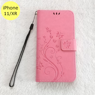 蝶 手帳型 iPhone11/XR iPhoneケース ピンク(iPhoneケース)