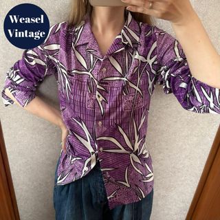 ヴィンテージ(VINTAGE)のアメリカヴィンテージ レトロ古着 リーフ柄シャツブラウス ポリシャツ 紫 70s(シャツ/ブラウス(長袖/七分))