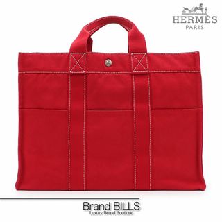 エルメス(HERMES)の未使用品 ルメス ドーヴィル トートMM トートバッグ コットンキャンバス ステッチ レッド シルバー金具(トートバッグ)