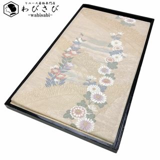 夏帯 袋帯 紗 花模様 桔梗 菊 金糸 生成色 O-5286(帯)