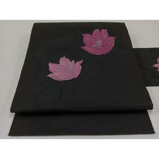 平和屋着物＊夏物　八寸名古屋帯　草花文　黒地　銀糸　AAAV9446jh(帯)